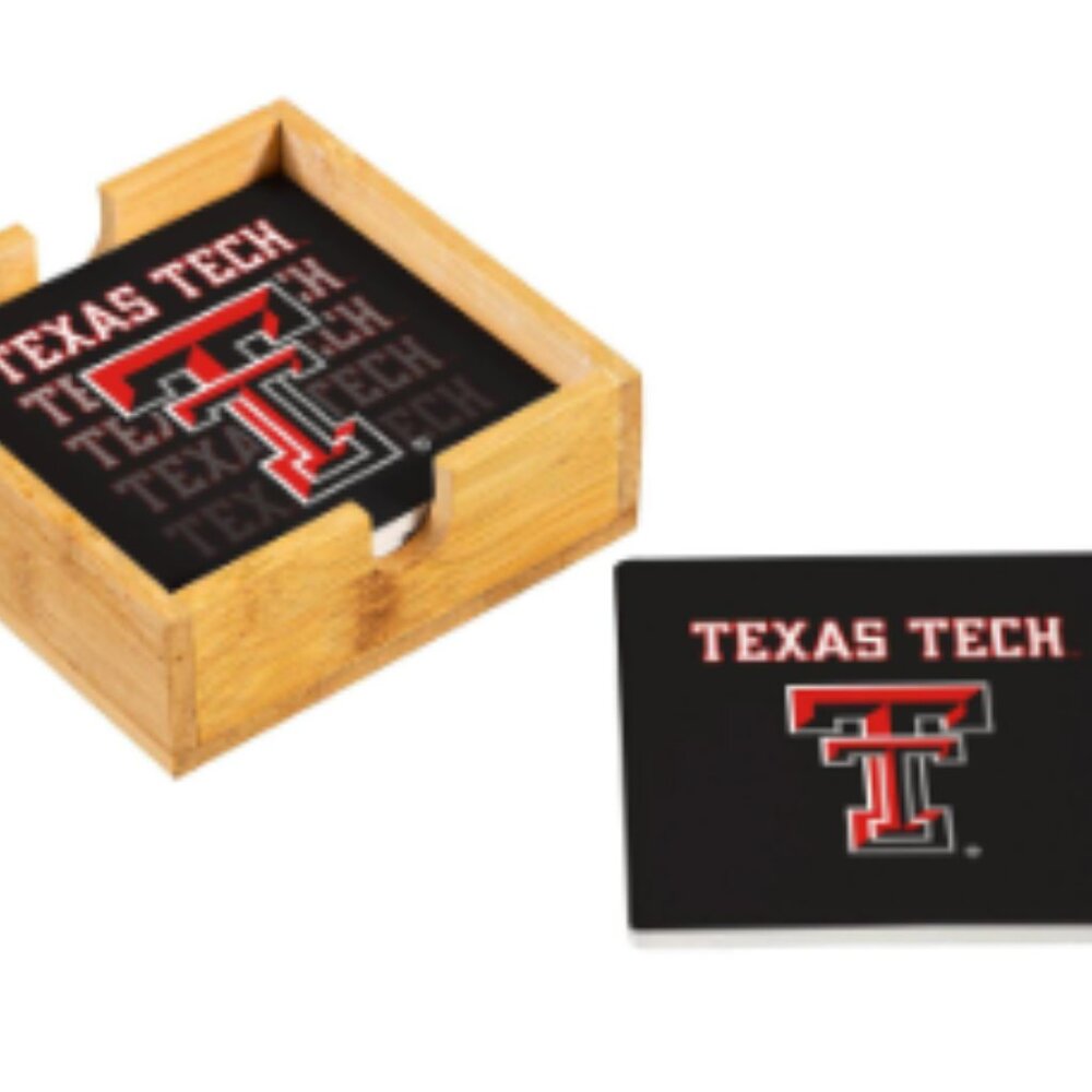 Texas Tech University Ceramic Coasters Set, 4pcs with Wood Caddy